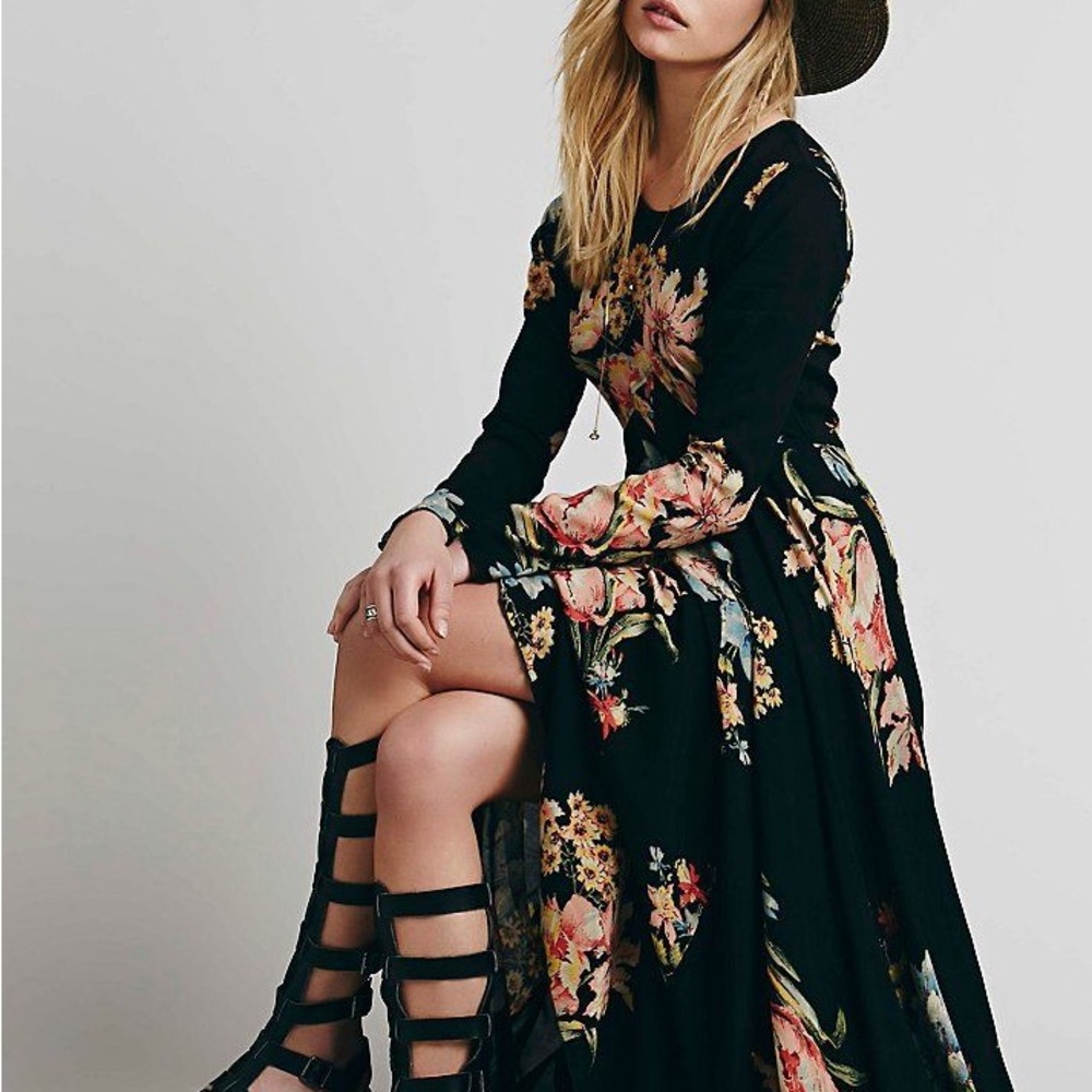 Free People Black Floral Long Sleeve First Kiss Dress XS